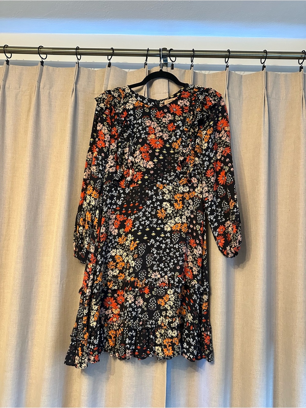 Kachel X Anthropologie Black Floral Ruffle Hem Fall Dress